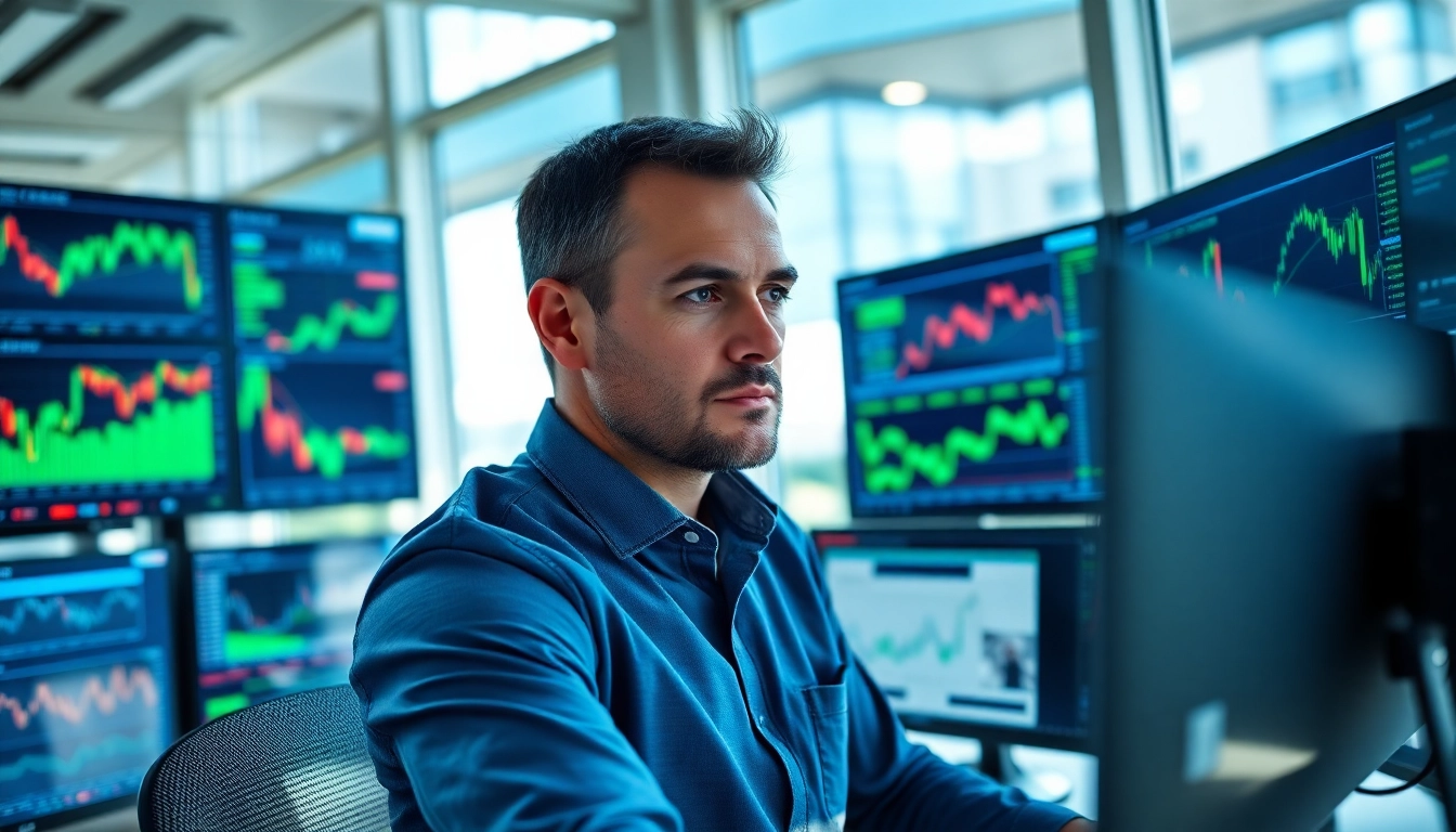Utilize trading tools effectively as a trader analyzes market data in a modern office environment.