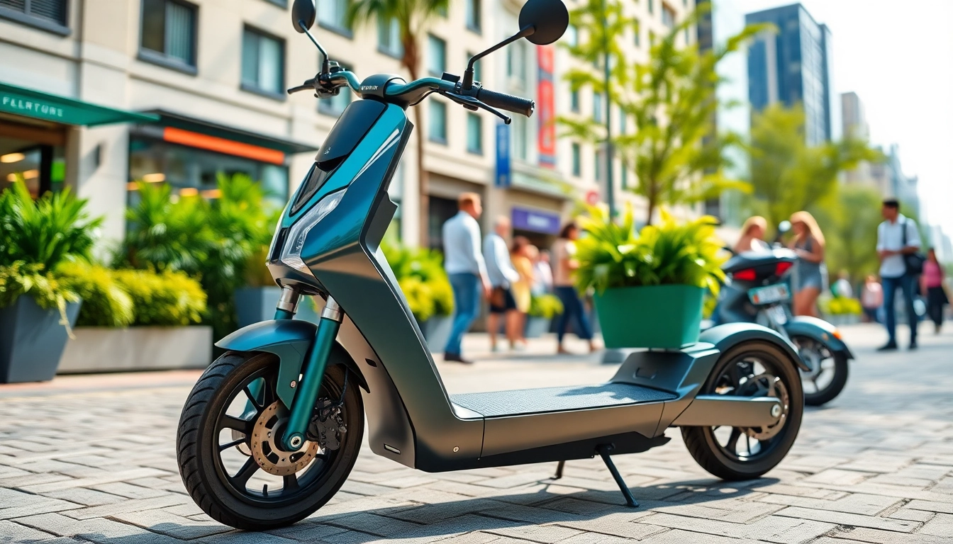 Electric Scooter parked in an urban setting surrounded by city life and greenery.