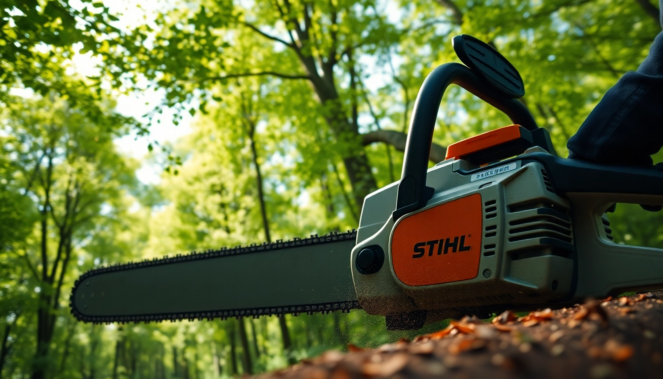 Stihl Kettensäge, die in einem Wald eingesetzt wird, mit kraftvollem Design und Aktion.