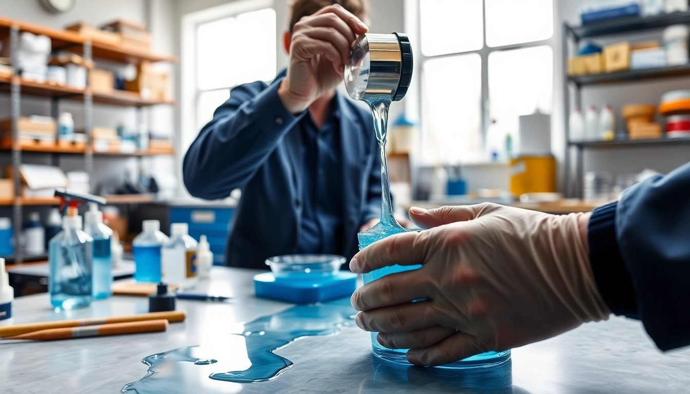 Pouring infusion resins into a composite mold in a professional workshop setting.