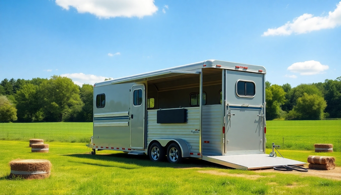 Discover the features of premium Horse Trailers parked in an idyllic countryside setting