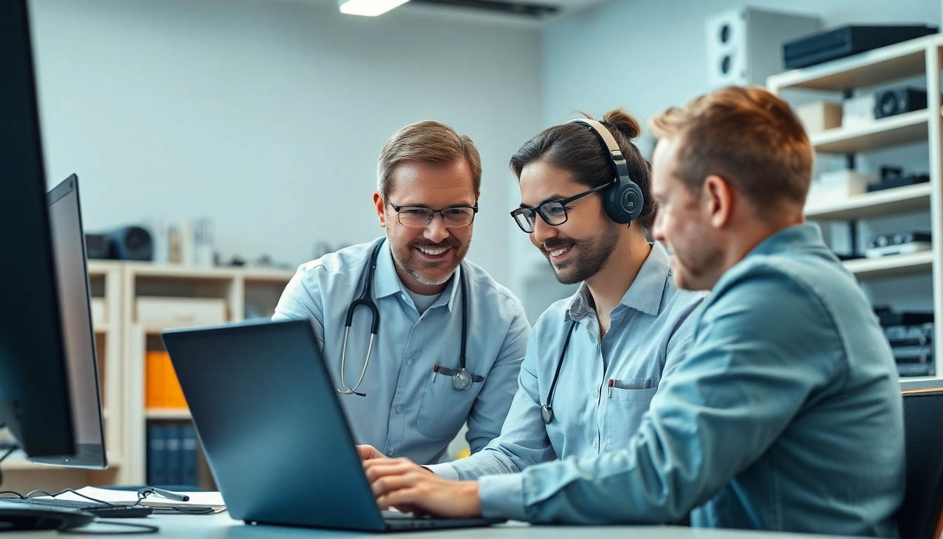 Providing expert computer help in a tech office with friendly technicians assisting clients.