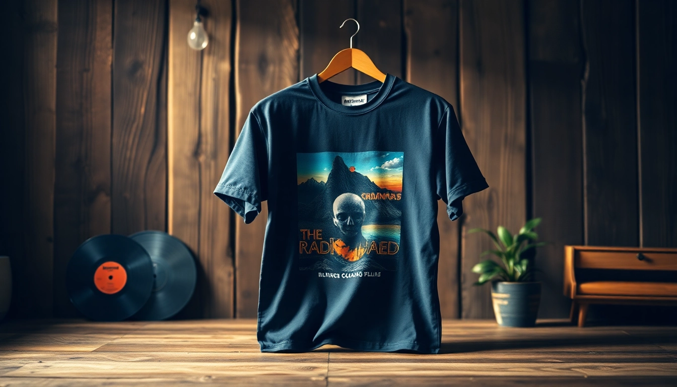 Showcase of a Radiohead shirt featuring iconic album artwork against a rustic background.