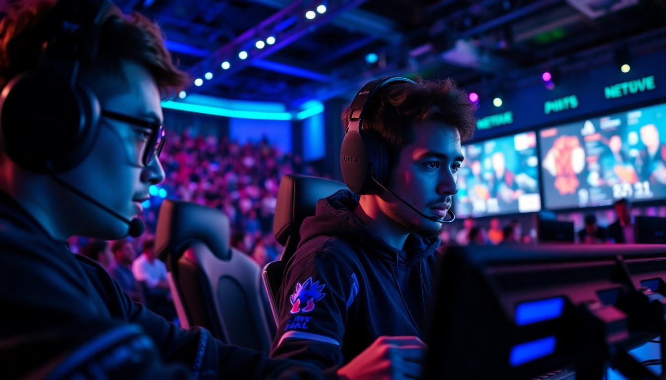 메이저사이트의 집중하는 esports 게이머들이 현대적인 경기장에서 경기를 하는 모습