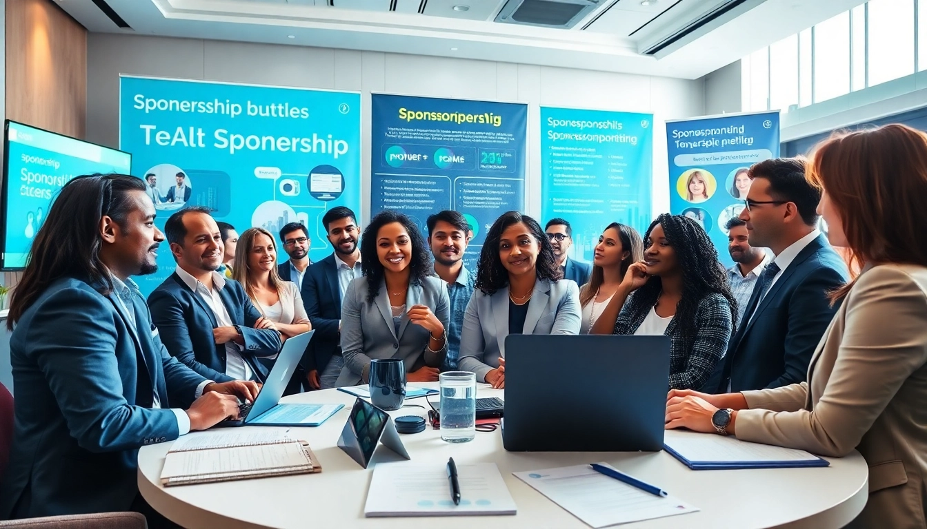 Sponsorship opportunities discussed in a diverse business setting with professionals engaging in networking.