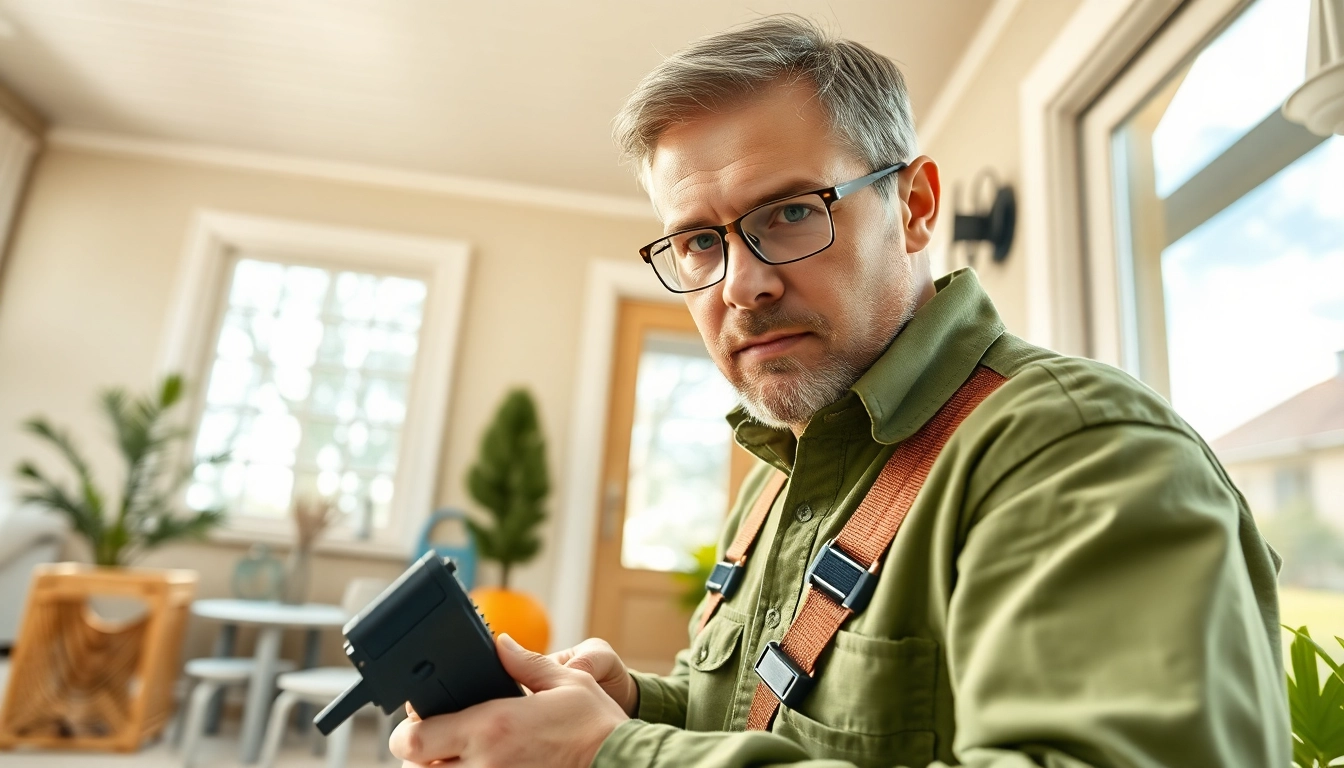 Pest control technician inspecting home with traps, ensuring pest-free living.