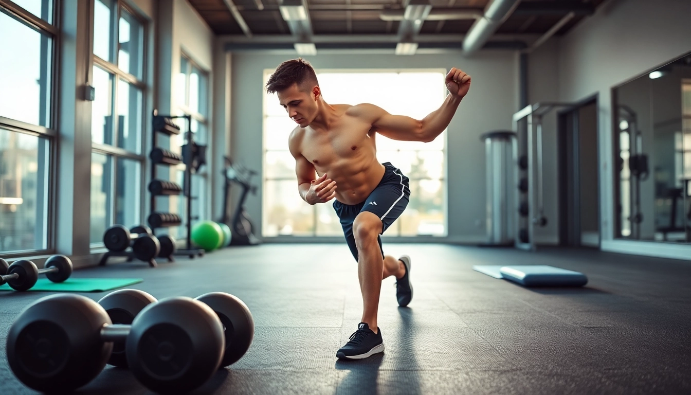 Fit instructeur toont zespack oefeningen in een moderne gym met energieke sfeer.