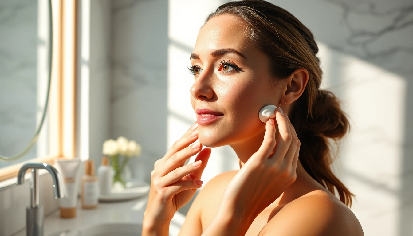 Apply rejuvenating face cream in a bright bathroom setting with elegant products.