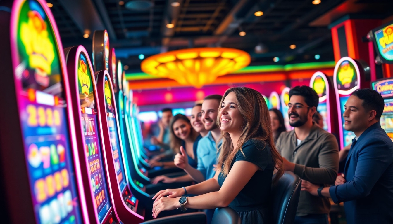 Experience the excitement of pgslot with players enjoying colorful slot machines in a vibrant casino setting.