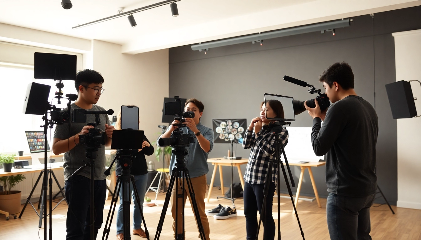 Create compelling 홍보영상제작 with a team brainstorming over creative ideas in a bright studio.