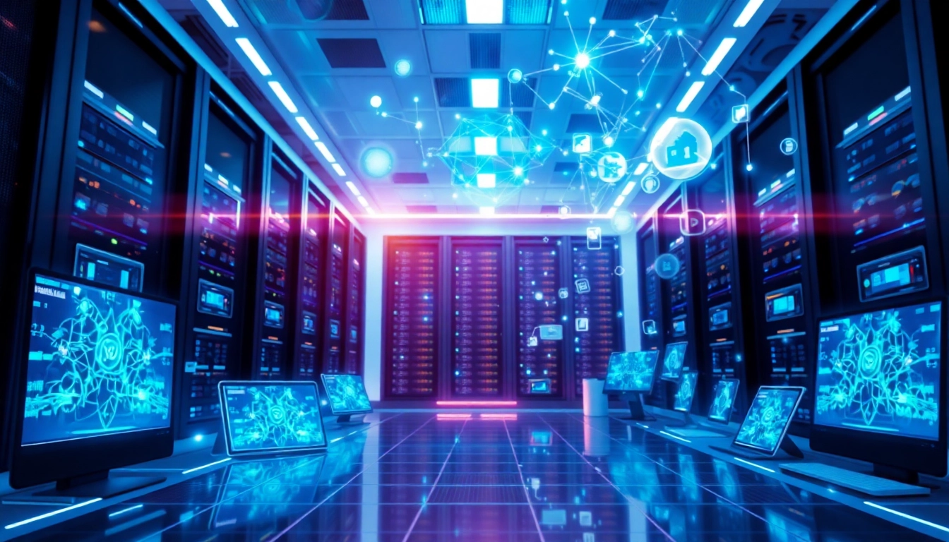 Utilize the midjourney api to showcase cutting-edge AI technology in a futuristic server room.