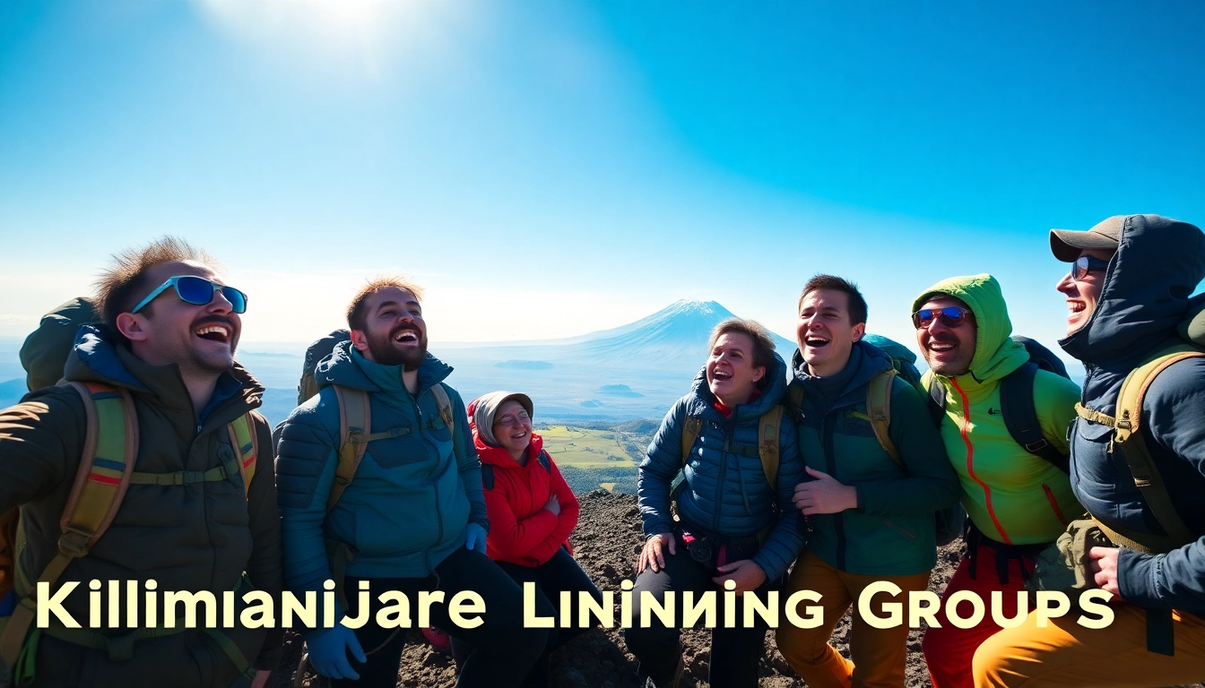 Climbers celebrating in Kilimanjaro Climbing Groups at the summit with vibrant gear against a blue sky.