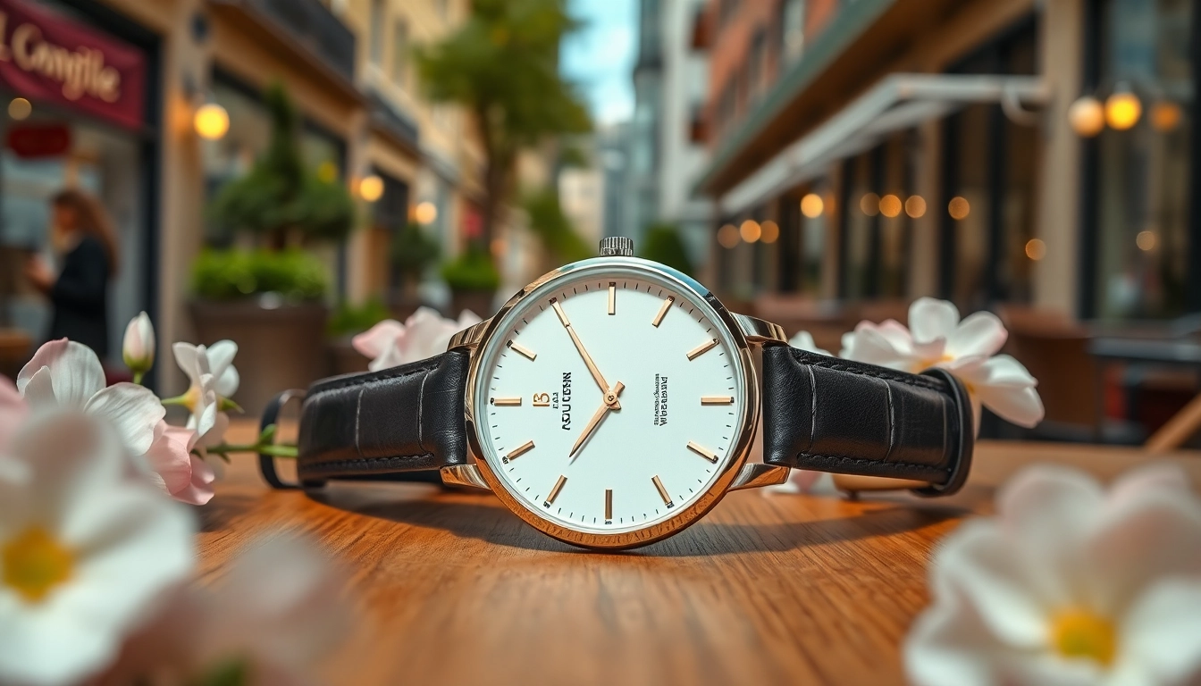 Elegante Damen Armbanduhr auf einem stilvollen Tisch mit floralen Akzenten.