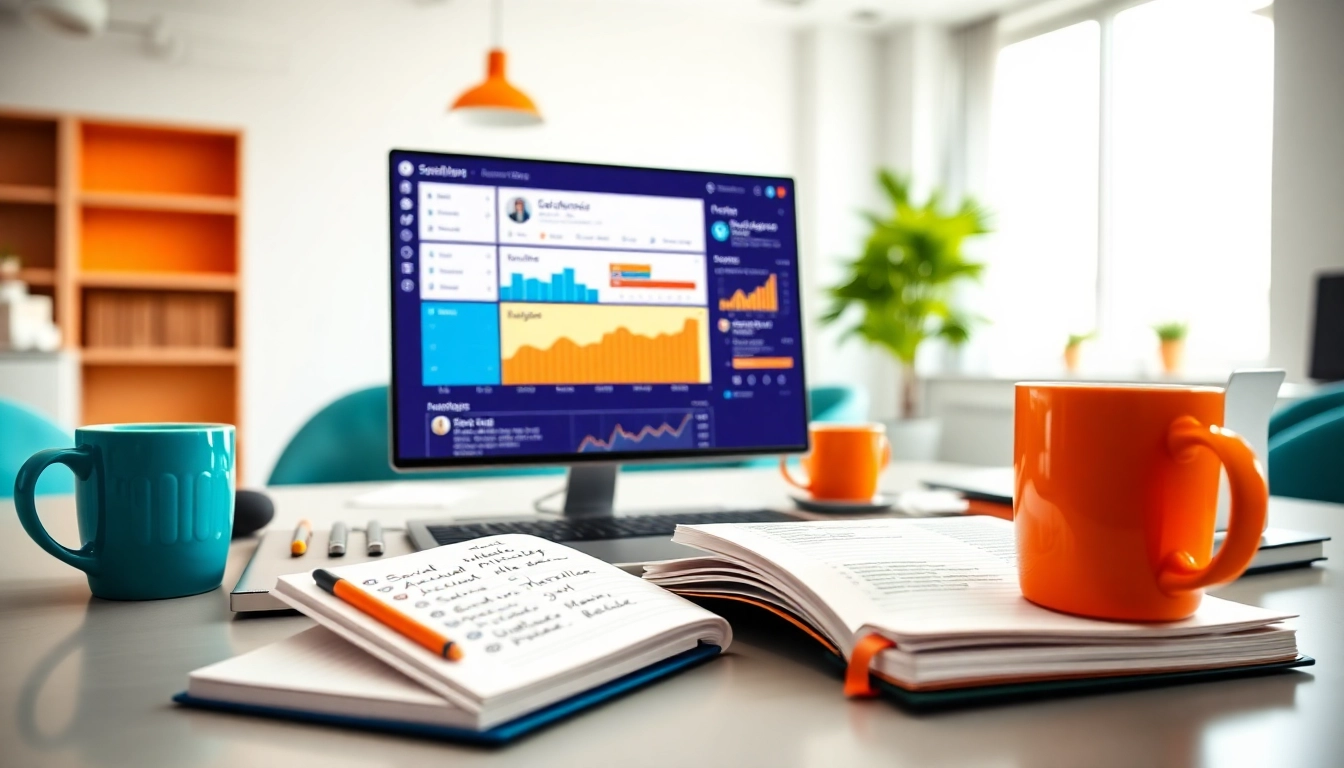 Enhance your Social media and blog automation efforts with a vibrant digital workspace displaying analytics.
