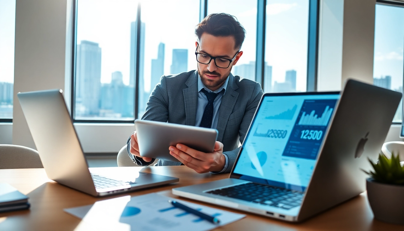 FP&A Consultant analyzing financial data in a modern office space.