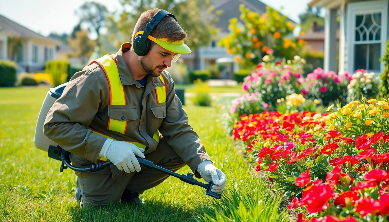Pest control technician applying eco-friendly treatments in a vibrant garden setting.