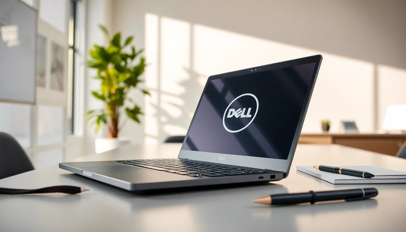 Showcase of a Dell Laptop on a modern desk, highlighting its sleek design and productivity setting.
