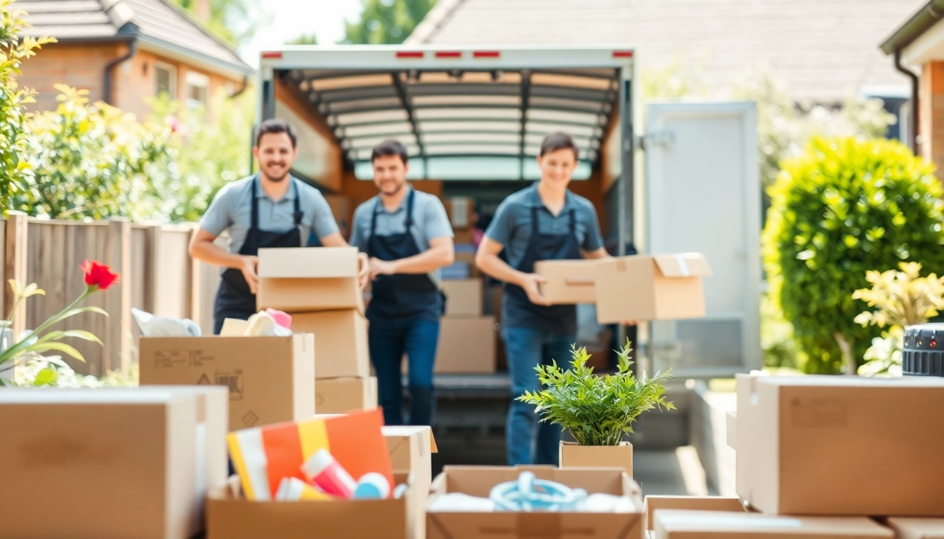 Efficient flat clearance sheffield service with a happy team packing items in a sunny garden.