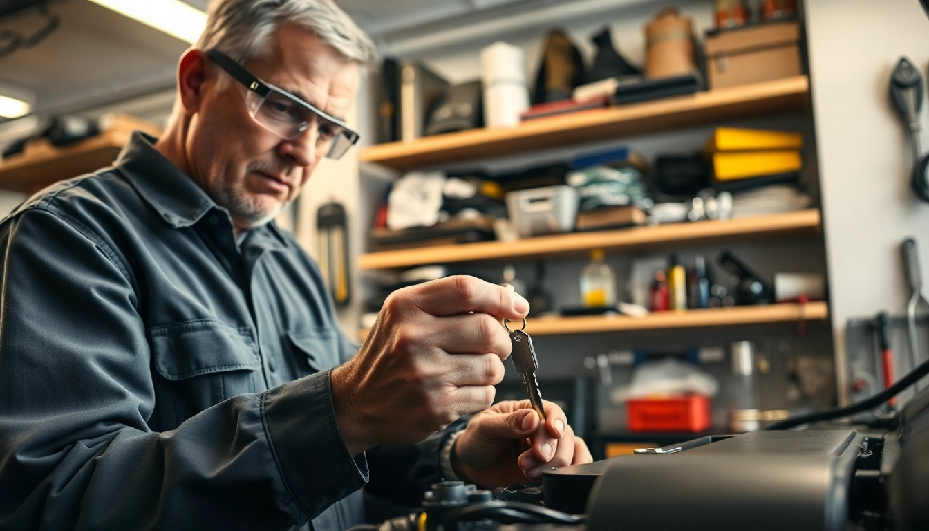 Automotive locksmith creating a replacement for Lost Car Keys in a bright garage.