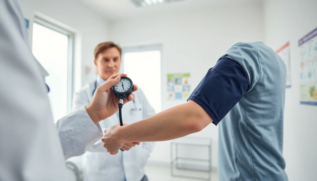 Ärztliche Untersuchung zum Bluthochdruck mit einem Arzt, der den Blutdruck eines Patienten misst.