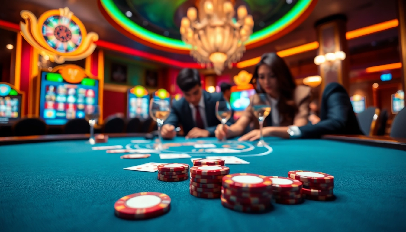 Engaging scene at the Best Online Casino Malaysia 2025 showcasing a luxurious gaming table with cards and chips.