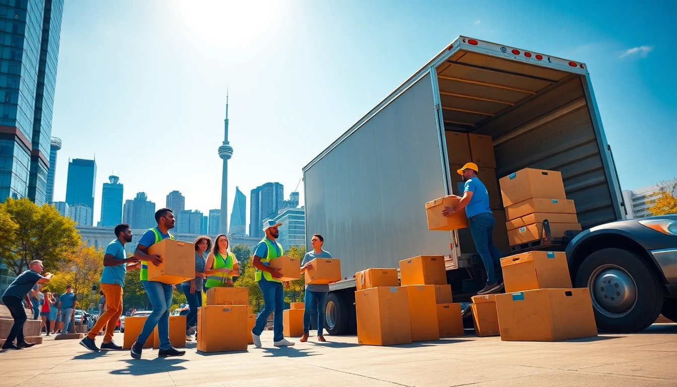 Efficient moving services in Toronto showcased with professionals loading boxes onto a truck against the city skyline.