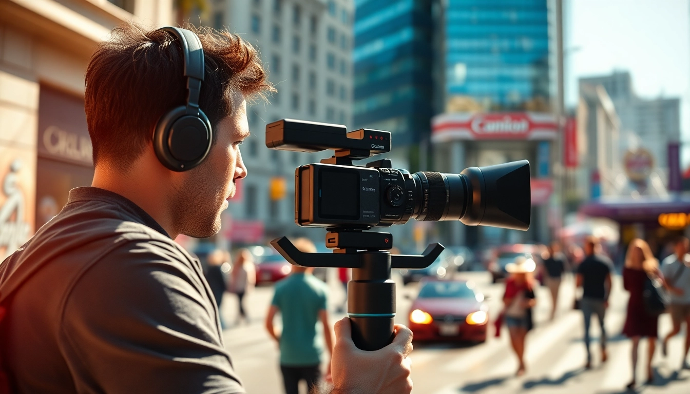 Capture dynamic video footage using a handheld gimbal​ for smooth, stable results in urban settings.