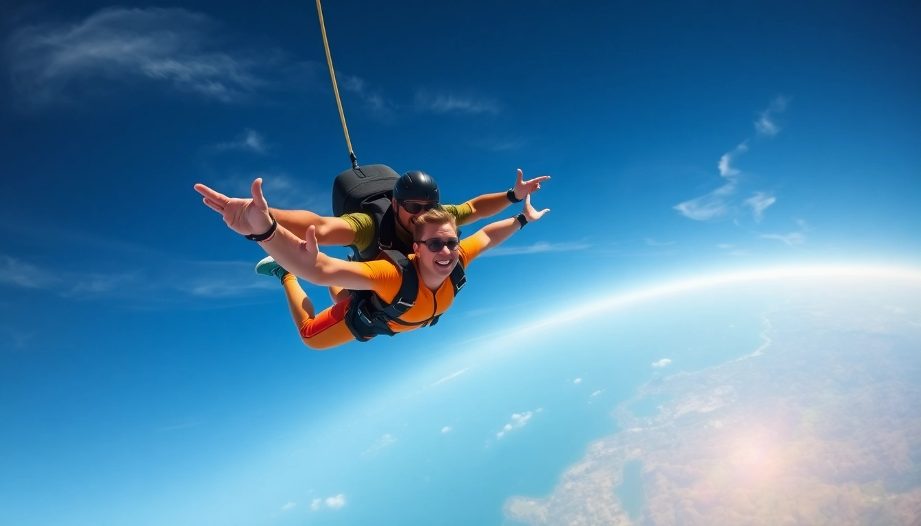Razburkan tandemski skok s padalom v jasnem nebu z adrenalinskim vzdušjem.