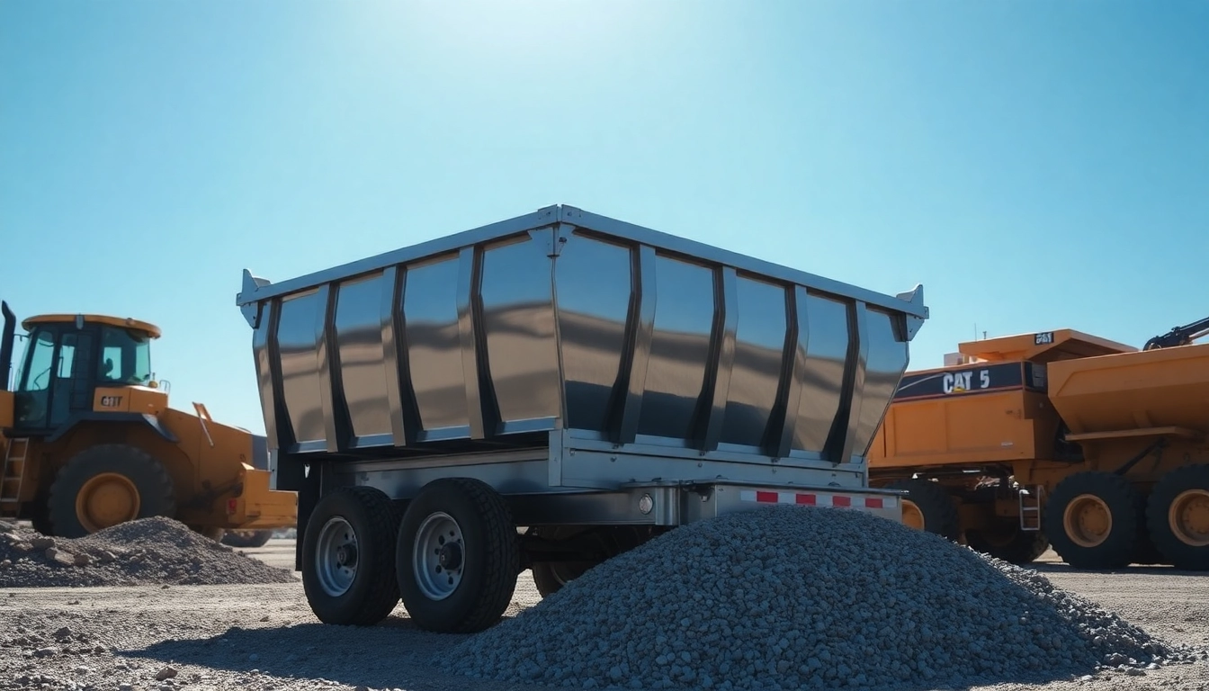 View hydraulic dump trailers for sale featuring durable construction and active construction site.