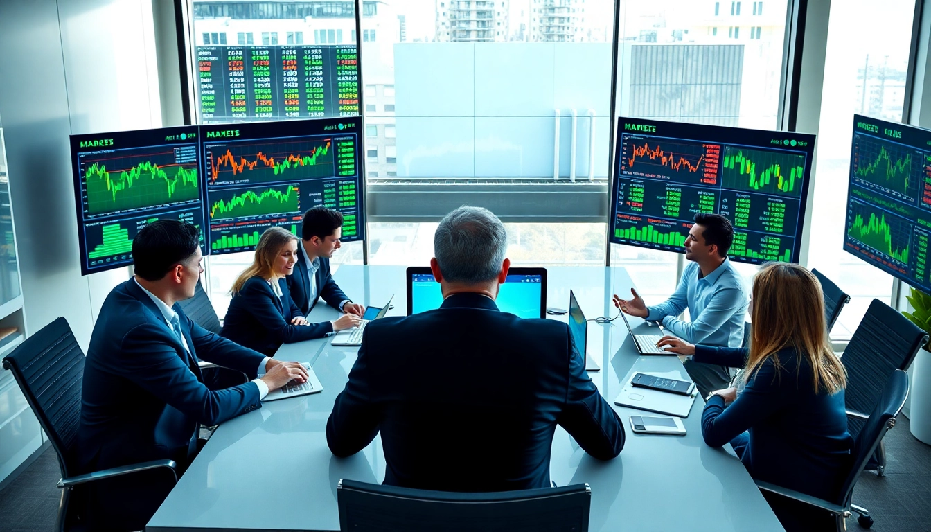Analyze Markets trends with business professionals gathered around financial charts.