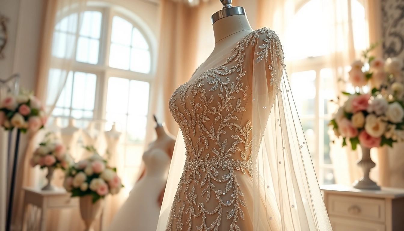 Showcasing Beaded Wedding Dresses with intricate beadwork, highlighting their elegance and glamour.