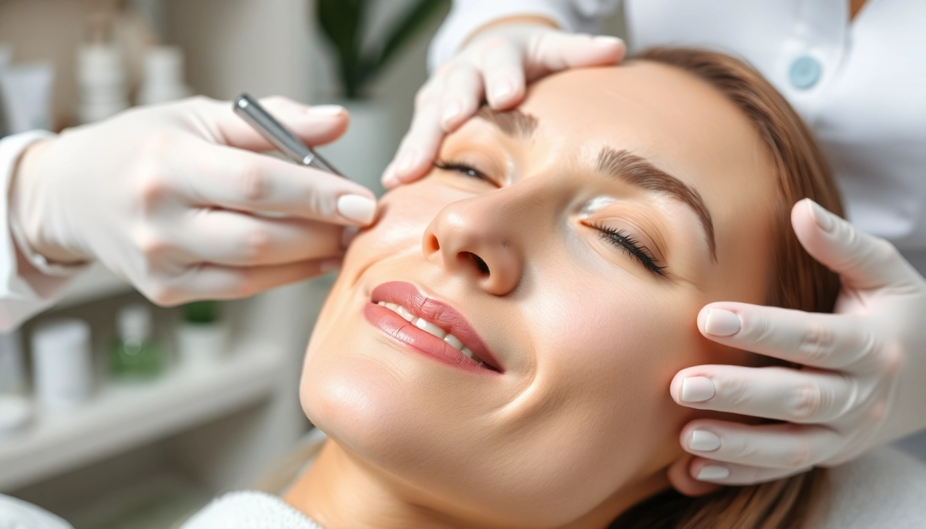 Enhance facial rebalancing in a serene clinic setting with an aesthetician applying treatment.