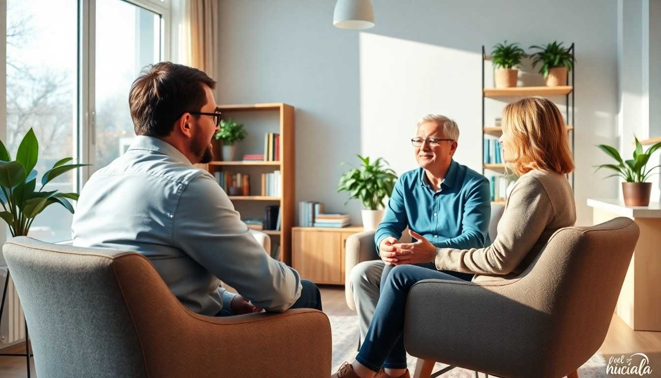 Engaging relationship coach providing support to a couple during a session in a welcoming environment.