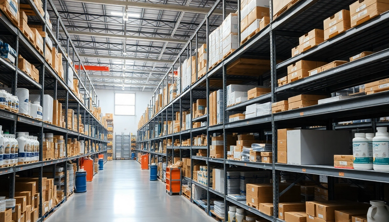 Mayorista industrial organizando productos tecnológicos en un almacén moderno.