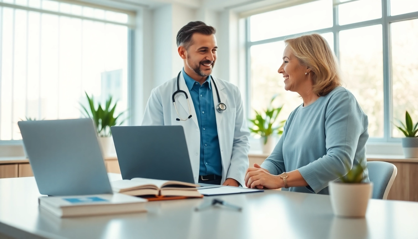 Engaging concierge medicine las vegas doctor interacting with a patient in a bright medical office.