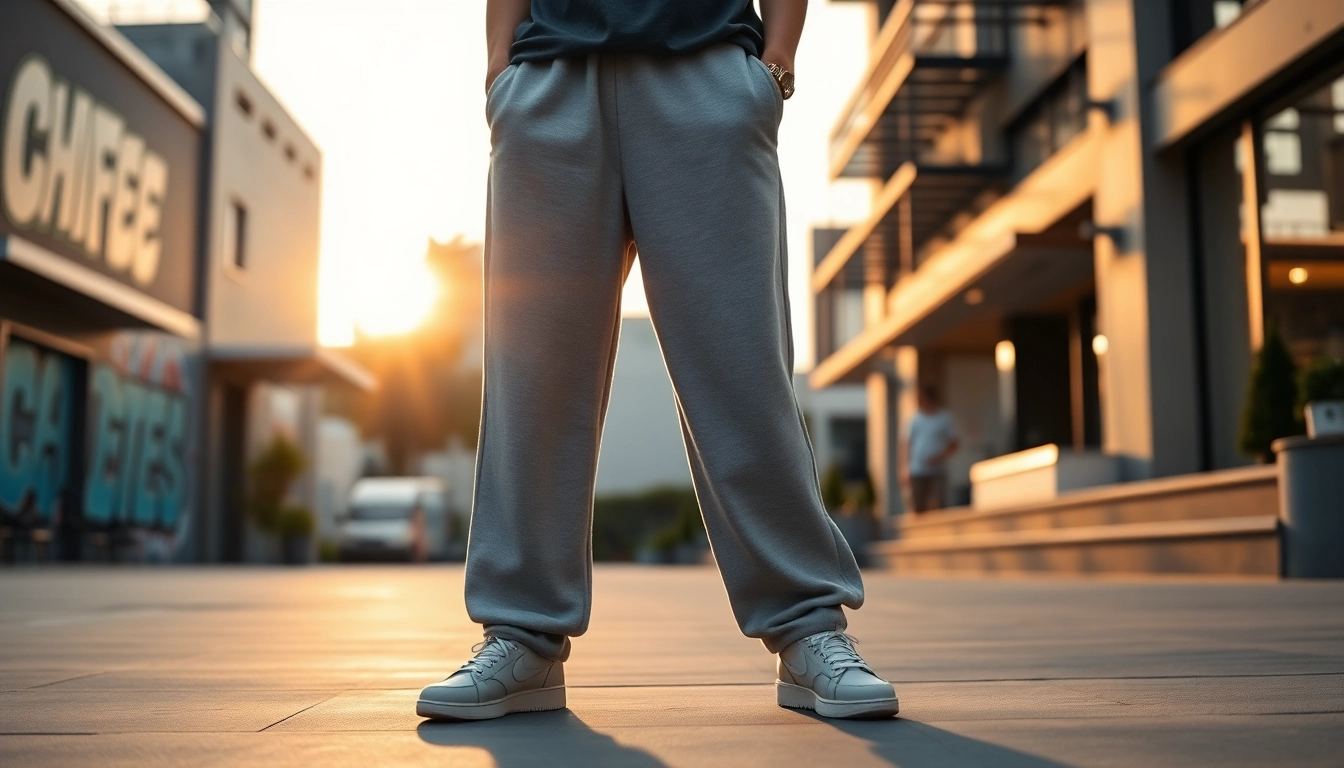 Discover oversized sweatpants showcased in an urban setting with a warm glow and relaxed fit.