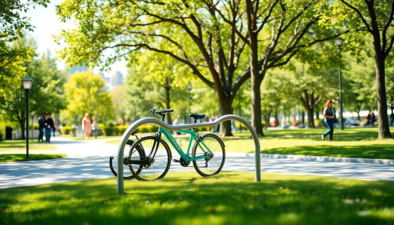 Unique designer bike rack in a vibrant park showcasing modern bicycle design.
