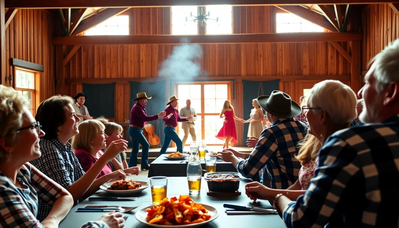 Delightful firelight barn photos with families enjoying BBQ at a lively dinner theater performance.
