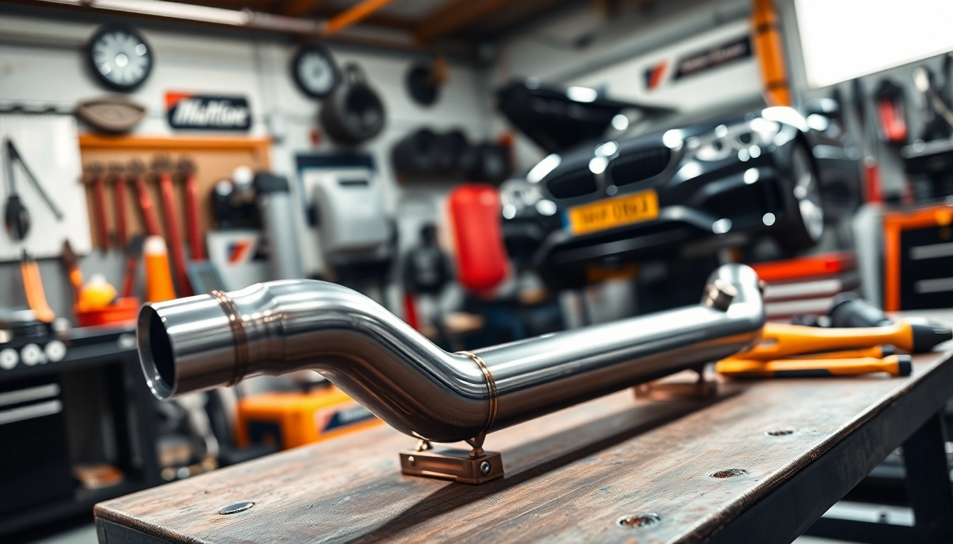 Showcasing an n55 downpipe with intricate details in a well-equipped automotive workshop.