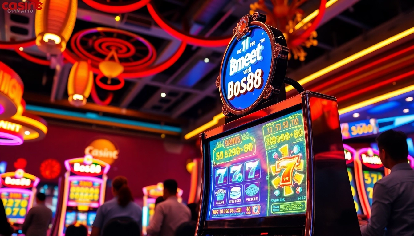 Menampilkan bos88 slot yang menarik di lingkungan kasino yang ramai.