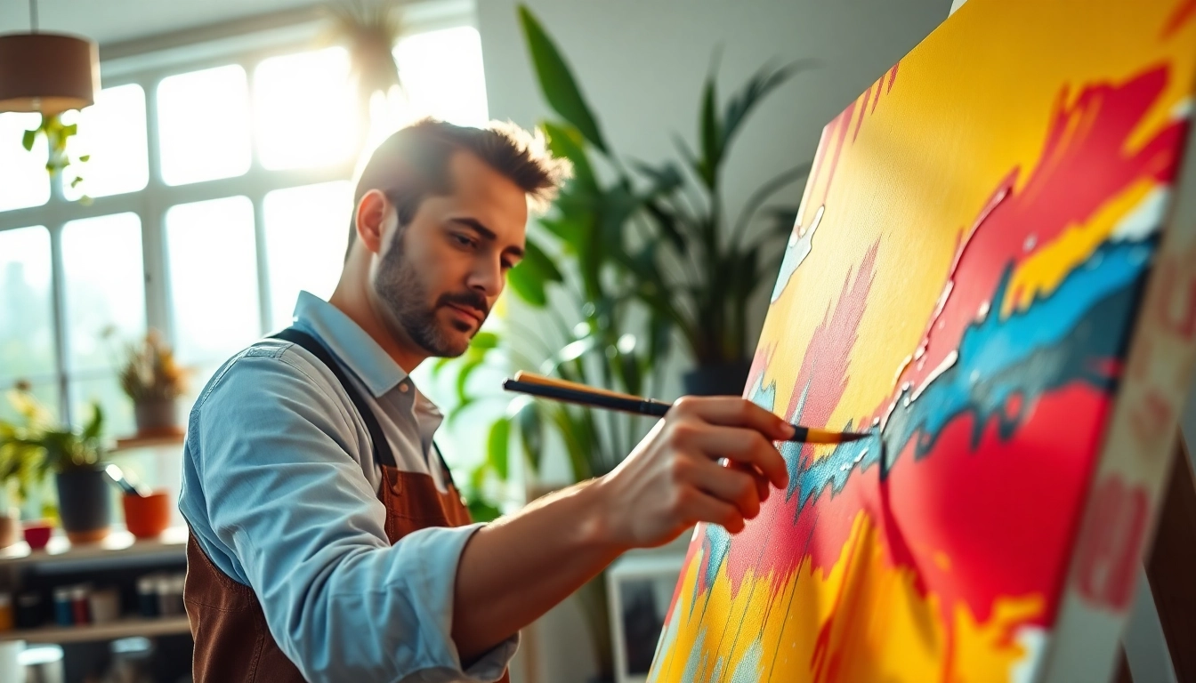 Een kunstenaar schildert op een levendige canvas terwijl hij omringd is door kleurrijke verf.