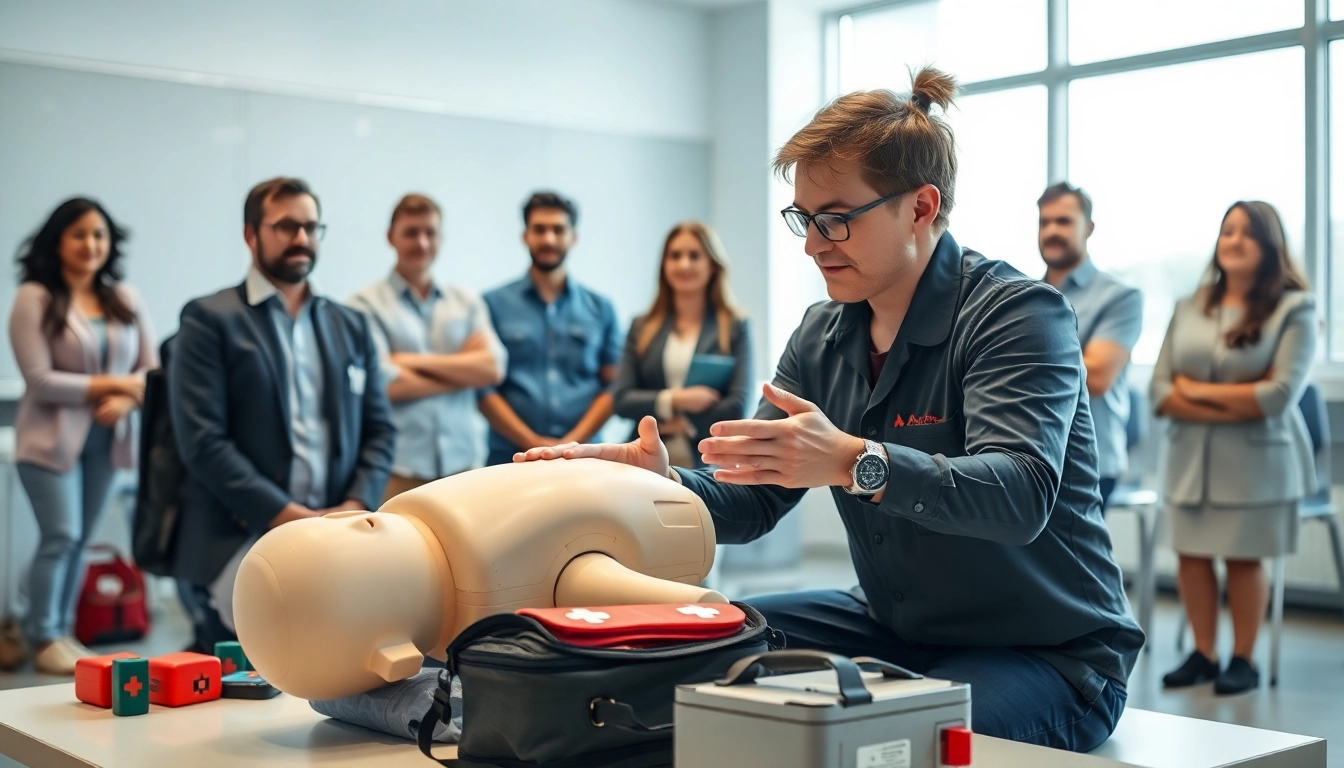First Aid training demonstrating CPR techniques in a professional environment with engaged participants.