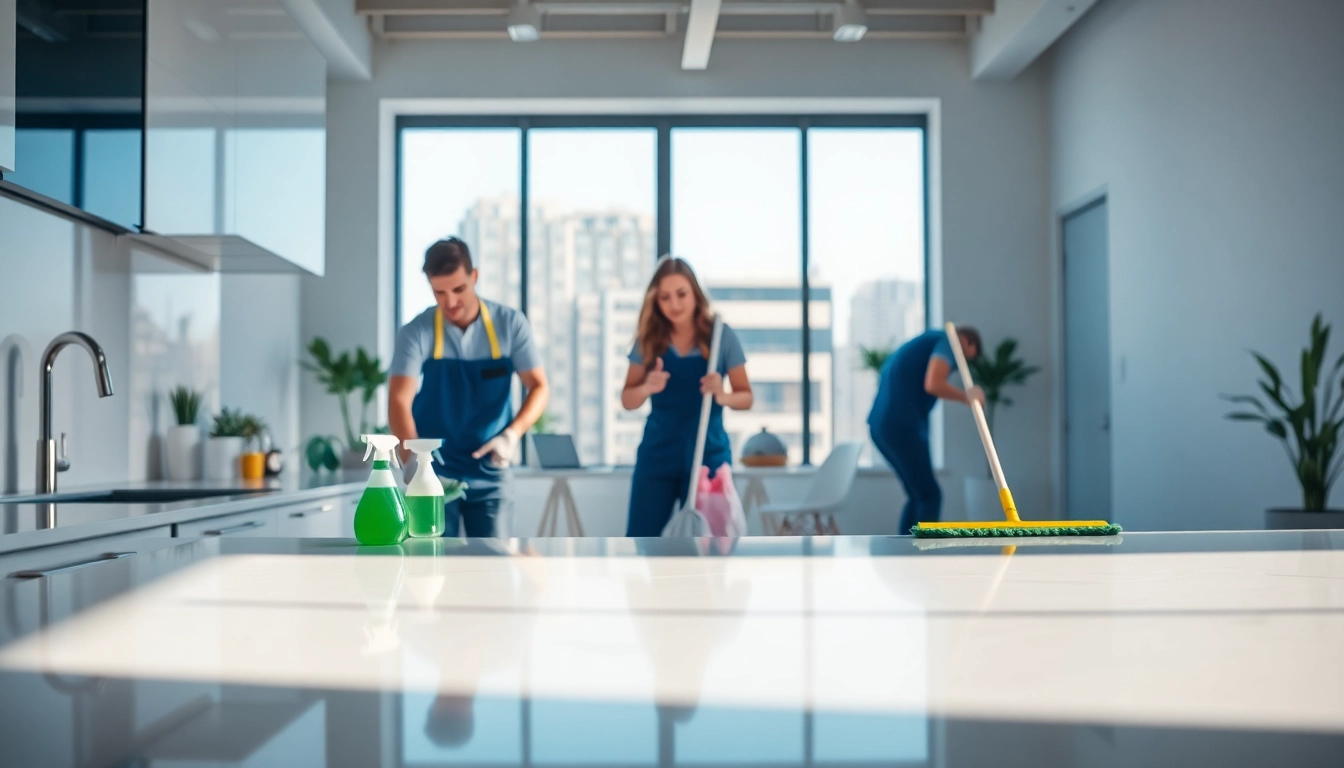 Team performing bond cleaning Logan in a bright apartment, showcasing eco-friendly products and professional service.