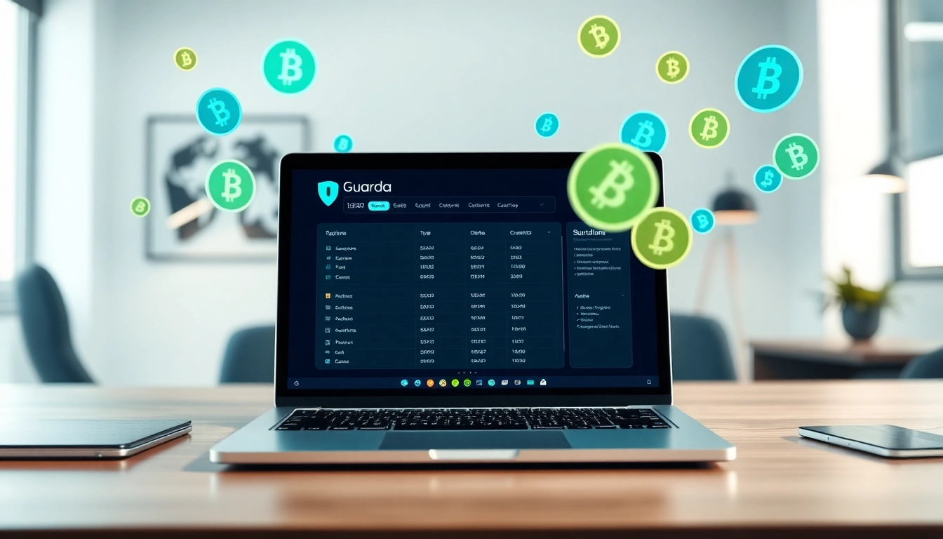 Showcasing a guarda wallet interface in a modern workspace with cryptocurrency symbols, highlighting digital security.
