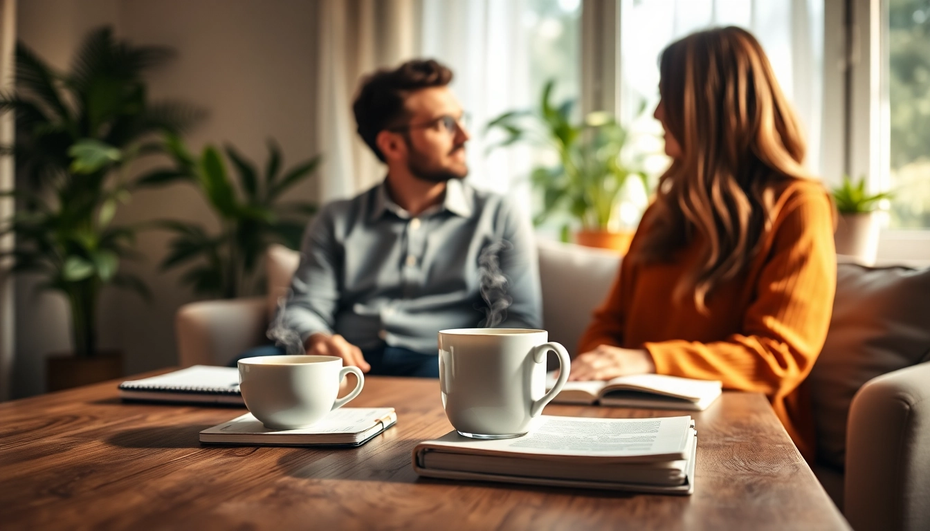 Engaged couple with a relationship coach in a warm setting, showcasing positive communication.