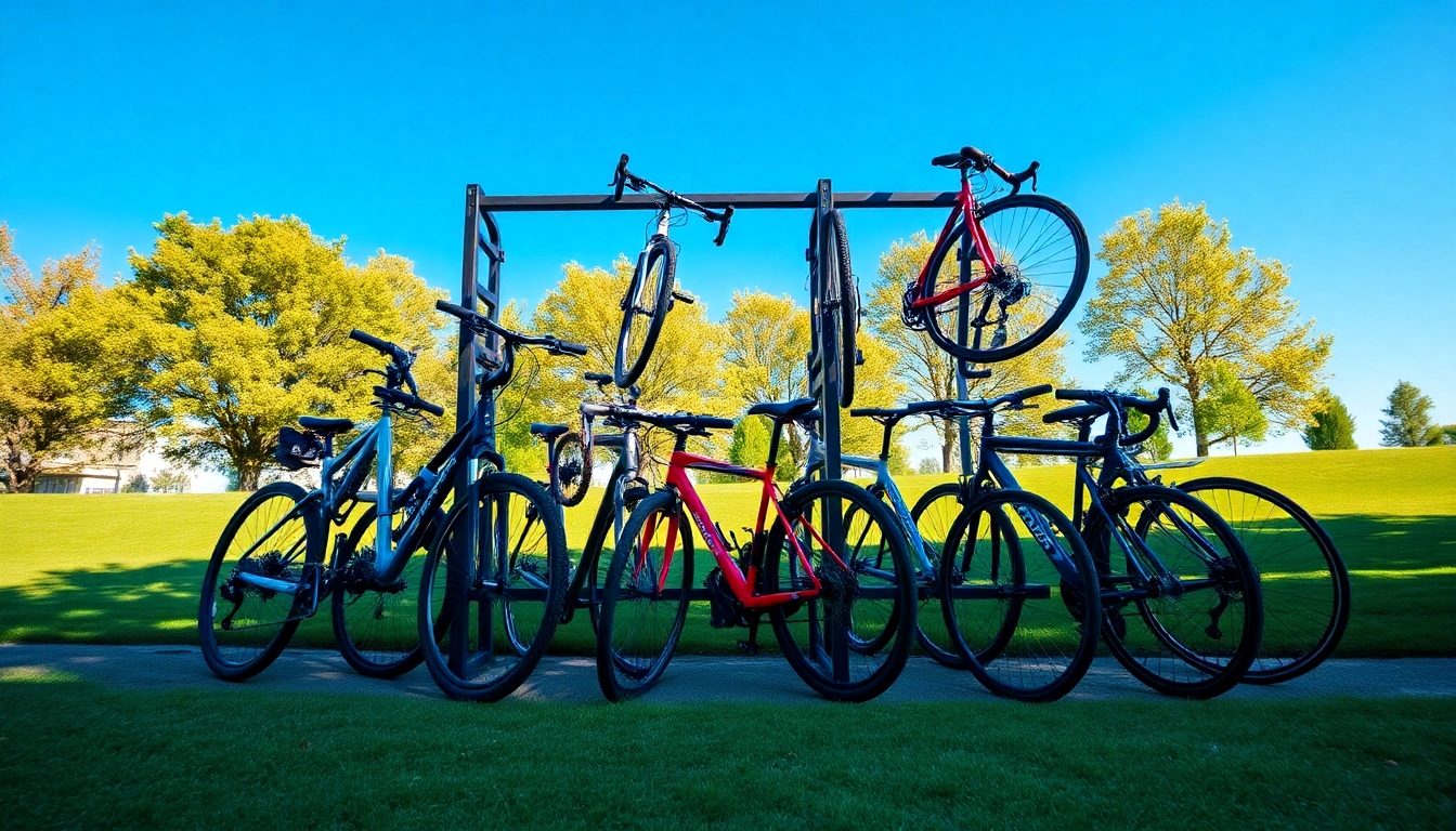 Showcasing a vertical bike rack filled with various bikes, ideal for outdoor adventure.