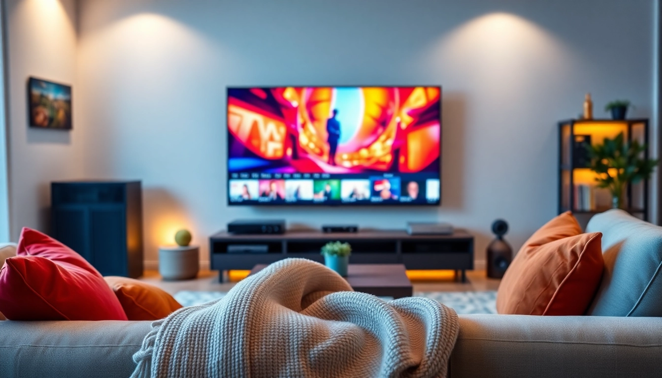 Profitez d'un service IPTV moderne dans un salon chaleureux avec une télévision à écran plat.