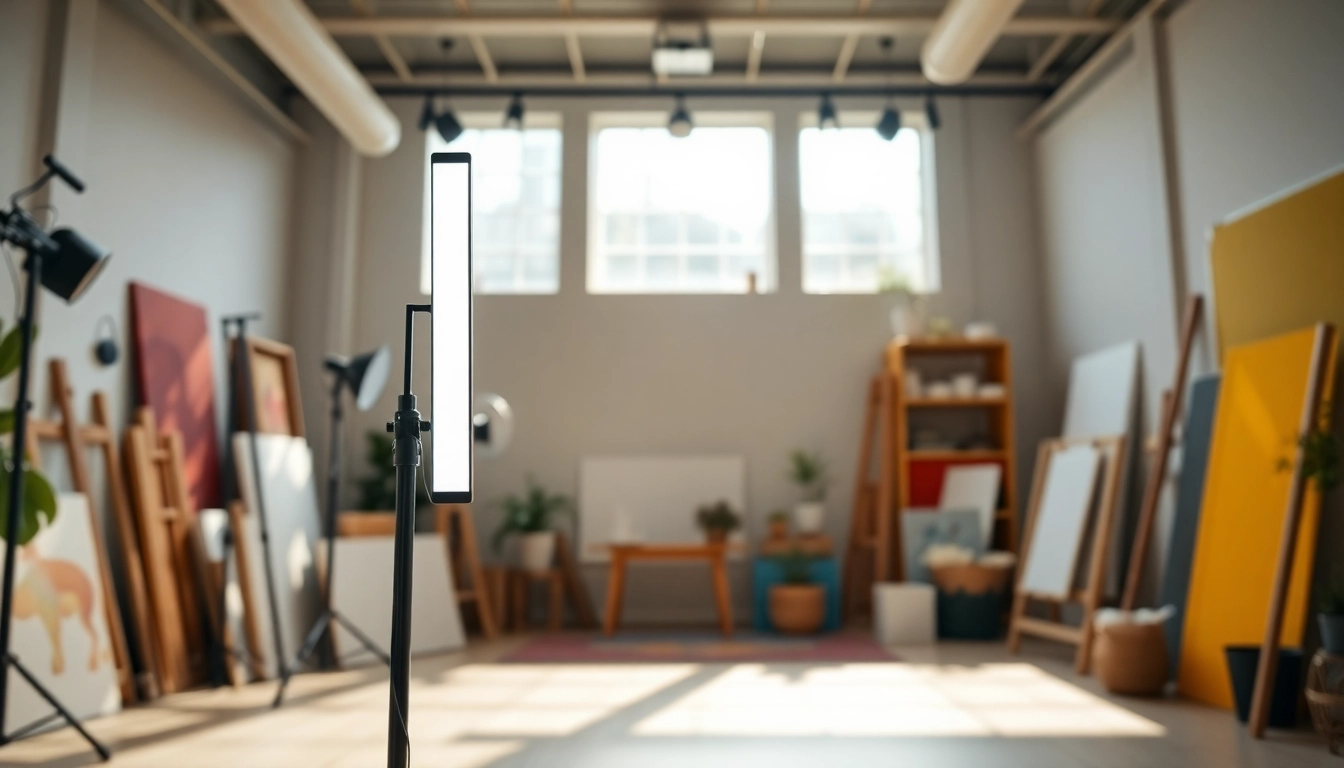 Bright and versatile quasar light setup in a modern studio showcasing artistic props.
