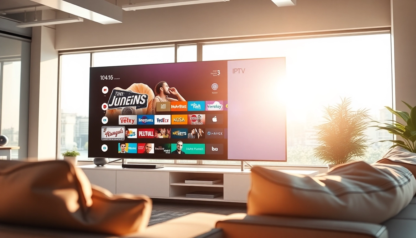 Comprar IPTV en un entorno moderno con dispositivos de streaming visibles y un ambiente acogedor.
