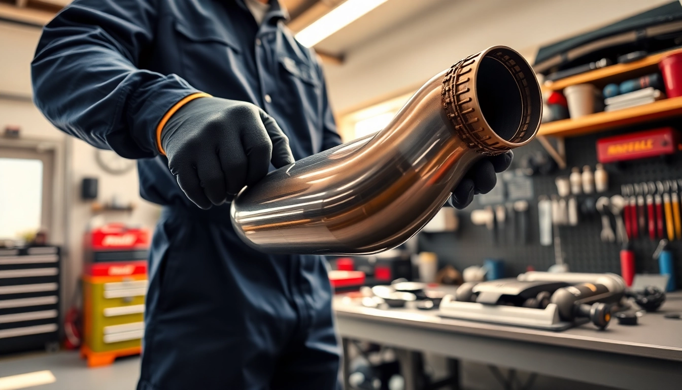 Inspecting n55 downpipe with smooth metallic texture in a well-lit garage.